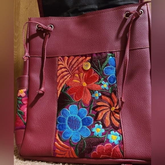 Faux Leather Floral Embroidered Backpack Purse - Picture 6 of 8